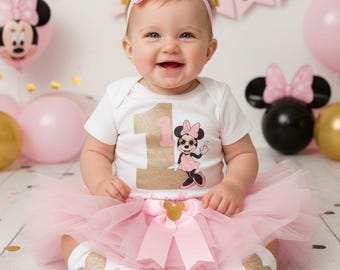 Conjunto de Minnie Mouse para el primer cumpleaños en rosa y dorado con tutú y zapatos a juego - vestido de primer cumpleaños, conjunto de primer cumpleaños para niña, Minnie Mouse