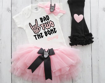 Bad TWO the Bone Birthday Outfit in light pink and black - rock music themed birthday, 2nd birthday girl, pink black, tattoo, born two rock
