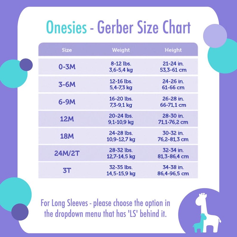 Puede incluir: Una tabla de tallas de Gerber para bodies con tallas, pesos en libras y kilogramos, y alturas en pulgadas y cent&iacute;metros. La tabla incluye tallas de 0-3M a 3T. El texto en la parte inferior dice: "Para mangas largas, elija la opci&oacute;n en el men&uacute; desplegable que tenga 'LS' detr&aacute;s."