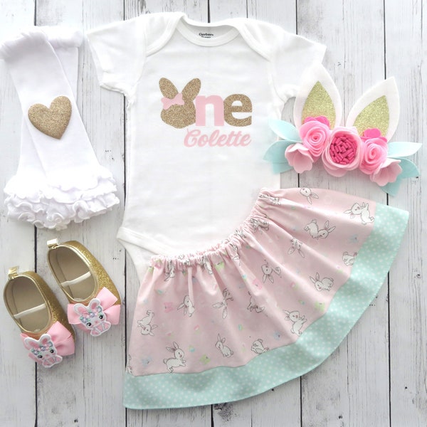 Some Bunny is One Outfit with bunny ears headband and bunny shoes - bunny 1st bday outfit girl, easter birthday, personalized, spring bday