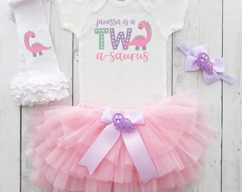 Dinosaur 2nd Birthday Outfit with Tutu - two a saurus, second birthday dress girl, pink purple dino, stomp chomp roar