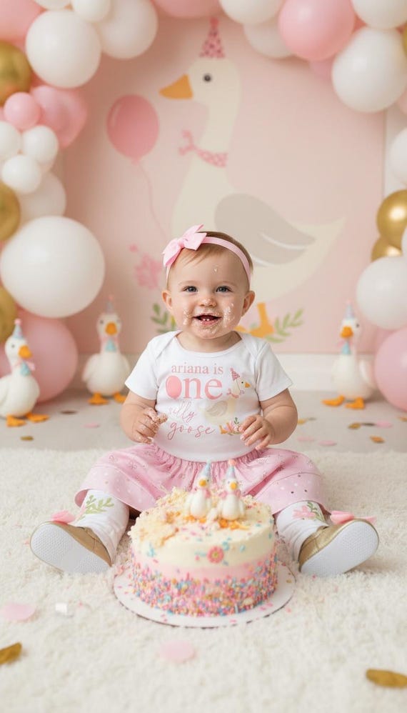 One Silly Goose First birthday Dress with Pink and Gold Skirt - vintage floral goose, First birthday outfit girl, One year old baby birthday One Silly Goose First birthday Dress with Pink and Gold Skirt - vintage floral goose, First birthday outfit girl, One year old baby birthday