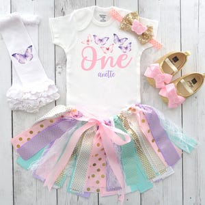 Butterfly First Birthday Outfit with Fabric Tutu - pink mint gold lavender, ribbon tutu birthday outfit girl, pink purple butterfly birthday