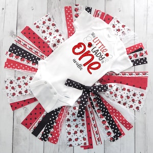 Traje de primer cumpleaños de mariquita con tutú de cinta, diadema y zapatos - mariquita cumpleañera, traje de tutú de cumpleaños rojo y negro, niña pequeña