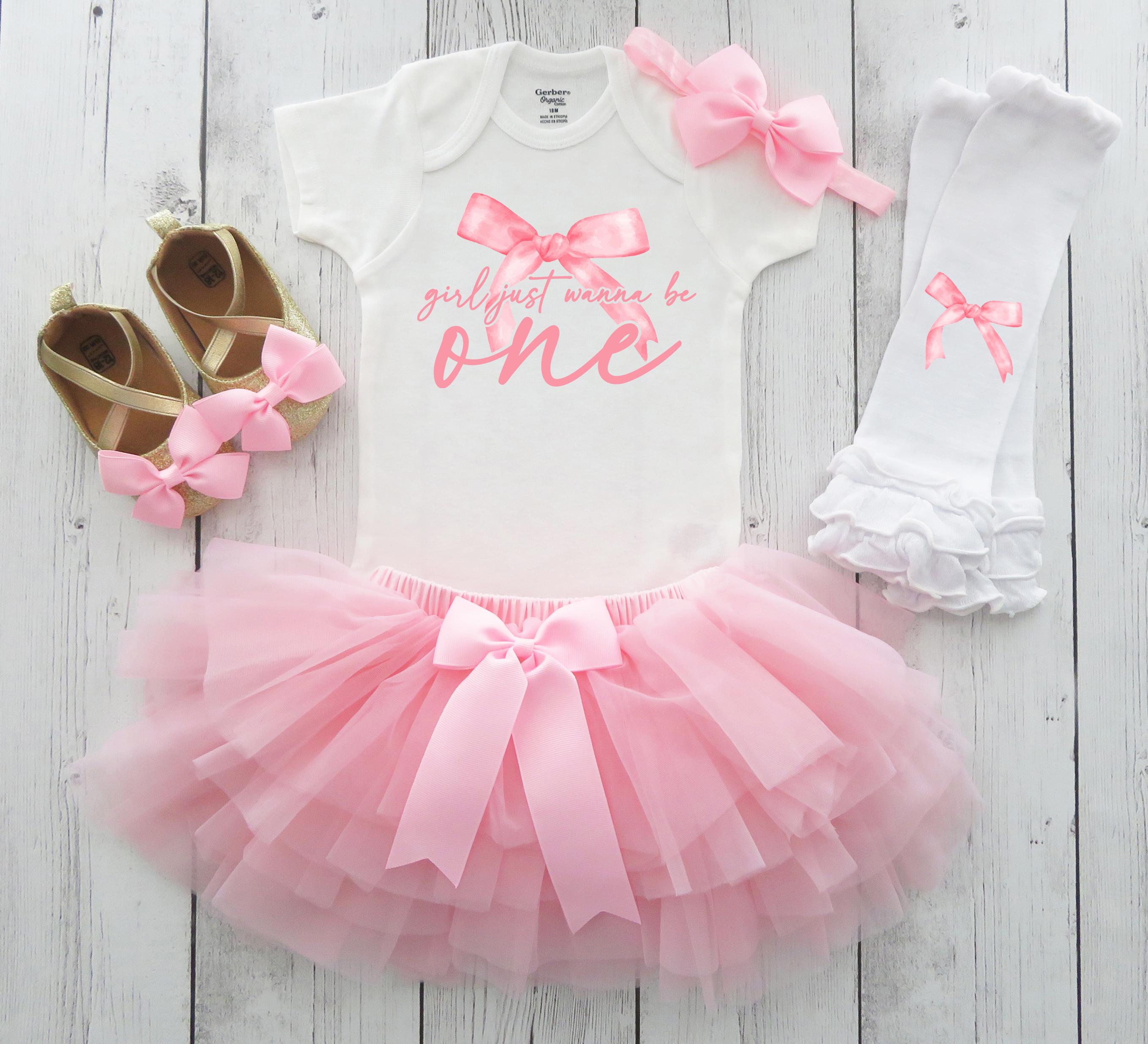 Girls Just Wanna Be One Birthday Dress with Tutu - pink coquette bow, first birthday outfit girl, one year old baby birthday tutu, pink bow