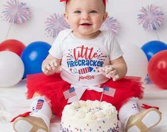 Little Firecracker 1st Birthday Dress with Red Tutu - patriotic birthday, first birthday outfit girl, red white and blue, fourth of july