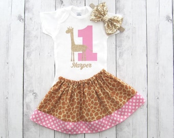 Giraffe First Birthday Outfit - twirl skirt, girl first birthday, cake smash, giraffe print, pink dot, giraffe first birthday, giraffe pink