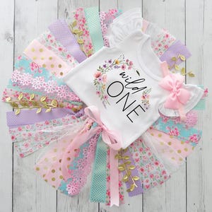 Wildflower Wild One First Birthday Outfit with Fabric Tutu - shabby chic skirt, boho birthday, garden party, first birthday outfit girl