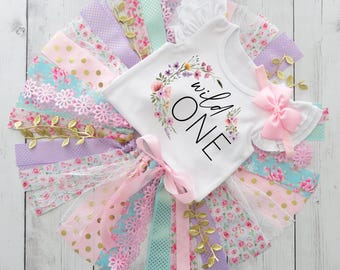 Wildflower Wild One First Birthday Outfit with Fabric Tutu - shabby chic skirt, boho birthday, garden party, first birthday outfit girl