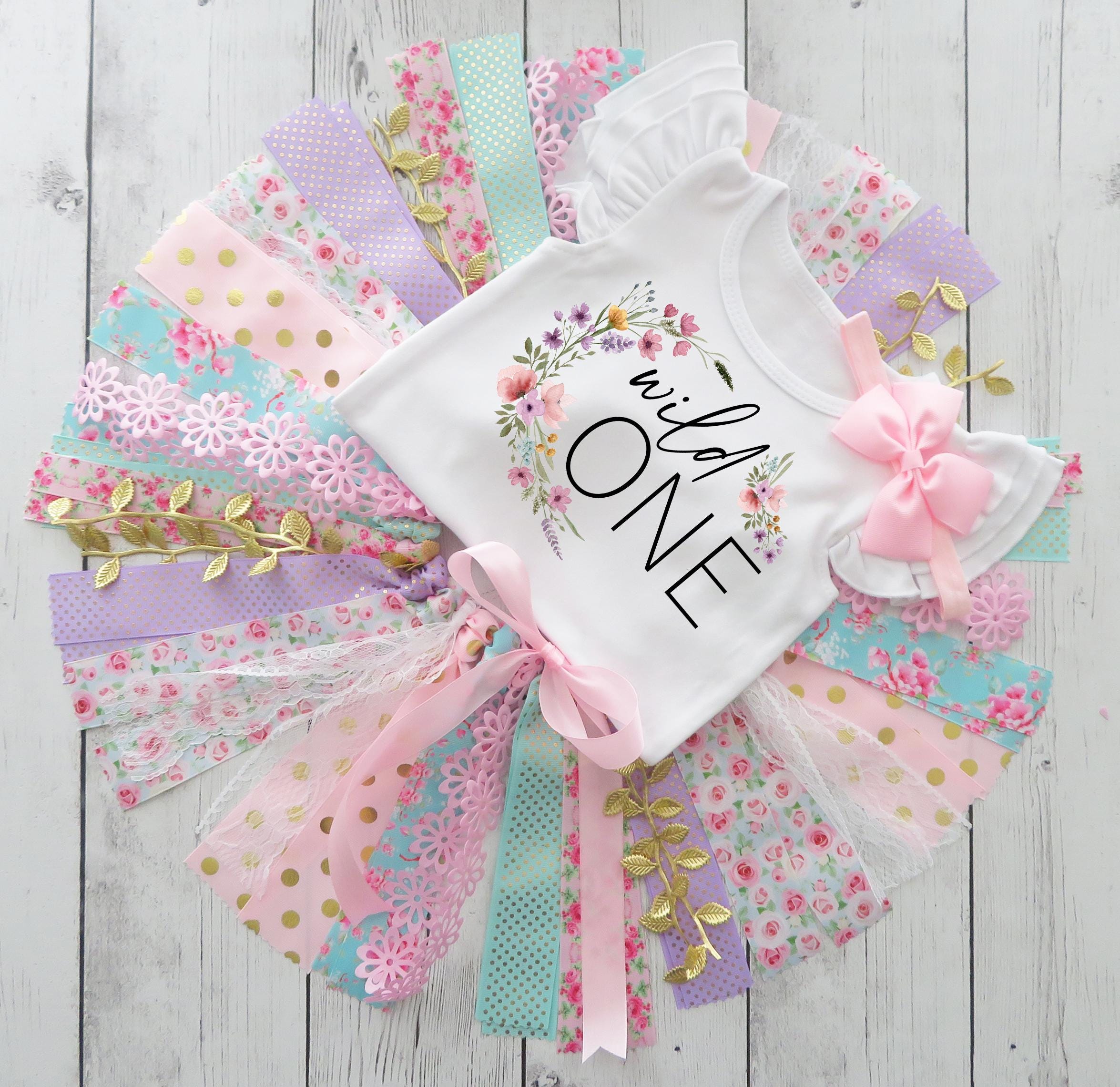 Wildflower Wild One First Birthday Outfit With Fabric Tutu - Shabby Chic Skirt, Boho Birthday, Garden Party, First Birthday Outfit Girl