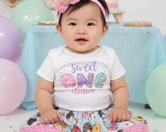 Sweet One Donut First Birthday Outfit for baby girl - donut grow up, donut 1st birthday dress girl, personalized add name, pink blue purple