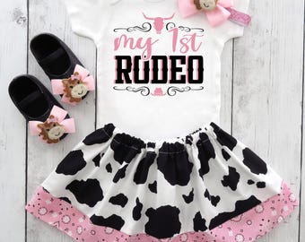 My First Rodeo Outfit in Cow print and Light Pink - first birthday outfit girl, how the west was one, pink western theme girl, cowgirl