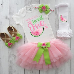 Sweet One Watermelon First Birthday Outfit with pink ruffle tutu - one in a melon 1st birthday dress, cake smash outfit, pink lime melon