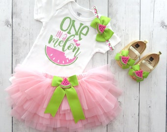 One in a Melon First Birthday Outfit with pink ruffle tutu - watermelon 1st birthday dress girl, cake smash outfit, pink lime melon,