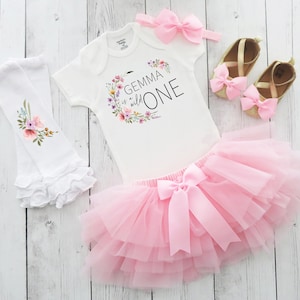 Wild One Wildflower Birthday Outfit with tutu and matching shoes - first birthday outfit girl, pink floral, one year old, personalized