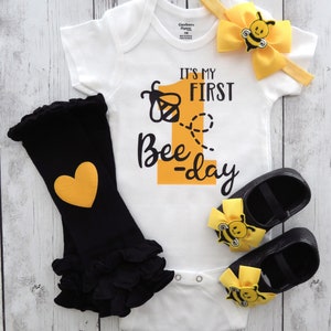 First Bee-day Onesie® in yellow and black - first bee-day birthday outfit, bee shoes, bee 1st bday outfit, first birthday girl,