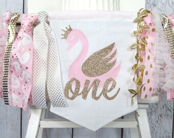 Swan High Chair Banner for First Birthday - swan lake birthday banner, swan pennant, ribbon banner, swan bunting, swan 1st bday party decor