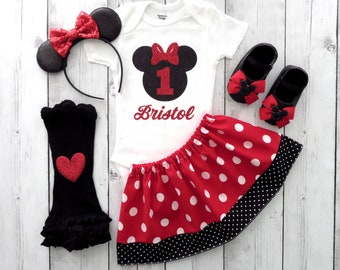 Traje de primer cumpleaños de Minnie Mouse rojo: vestido de primer cumpleaños, zapatos de Minnie, traje para aplastar pastel, vestido tradicional de Minnie, orejas de Minnie