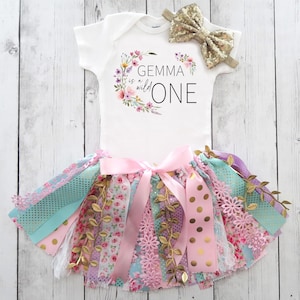 Wildflower One First Birthday Outfit with Fabric Tutu - shabby chic skirt, boho birthday, garden party, first birthday outfit personalized