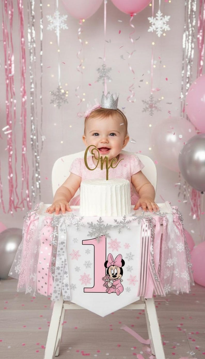 Minnie Mouse High Chair Banner for Winter ONEderland Birthday in pink and silver - snow much fun to be one, pink silver snowflake image 1