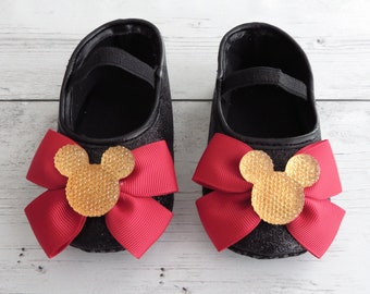 Red Gold and Black Minnie Mouse Shoes - first birthday shoes, first walkers, mocassins, black glitter shoes, minnie mouse first birthday red