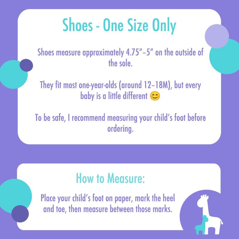 Puede incluir: Gr&aacute;fico sobre un fondo morado con texto sobre zapatos de beb&eacute;. El texto indica que los zapatos son de talla &uacute;nica, midiendo aproximadamente 12,07 cm a 12,7 cm en la suela. Tambi&eacute;n proporciona instrucciones.