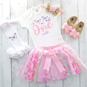 Butterfly First Birthday Outfit with Tutu Skirt and Shoes - 1st bday outfit girl, pastel butterflies tutu outfit, butterfly bday girl