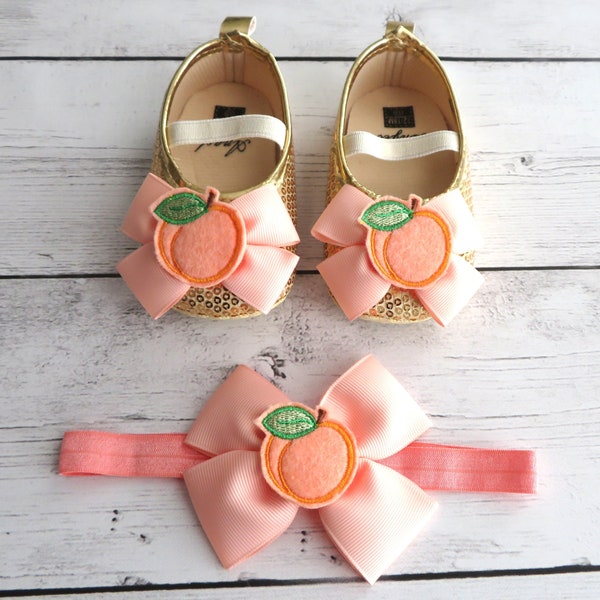 Peaches First Birthday Shoes & Headband Set - sweet one birthday, 1st birthday mocassins, soft sole toddler shoes, sweet as a peach birthday