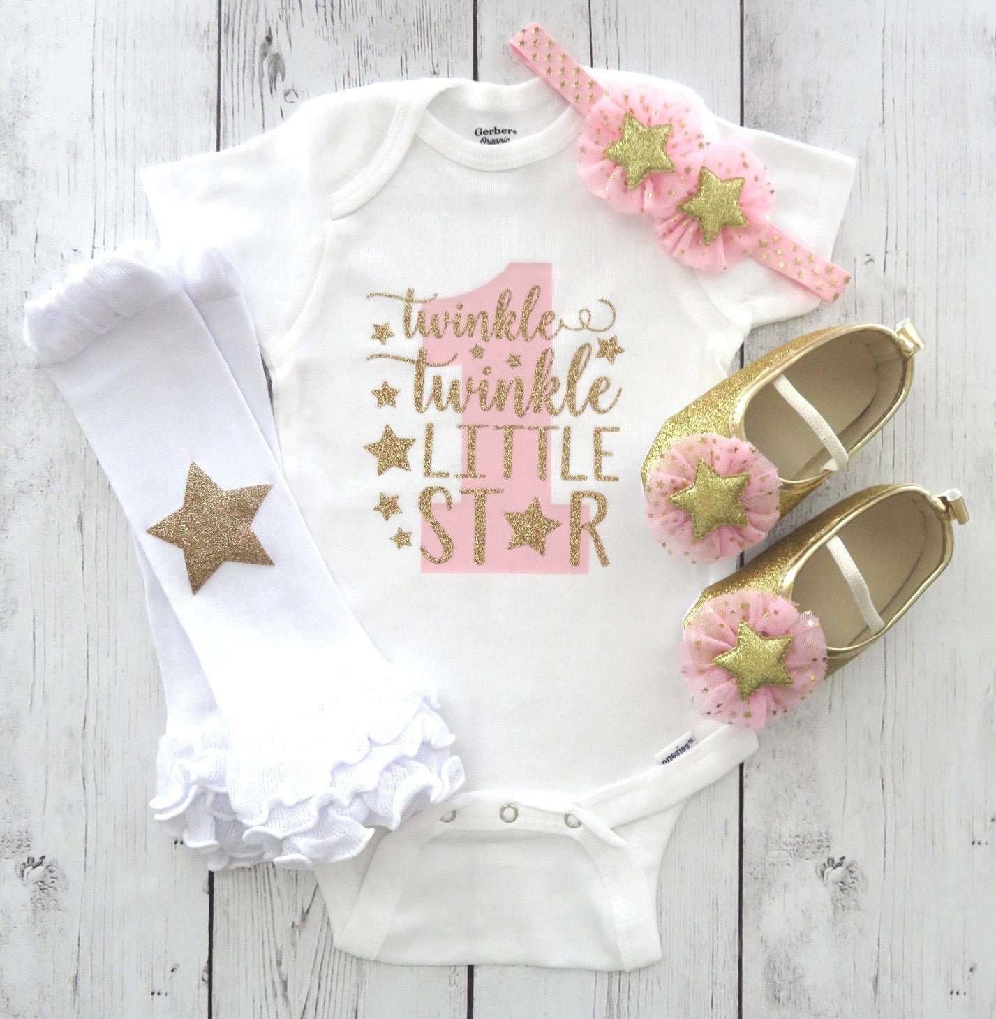 Twinkle Twinkle Little Star First Birthday Onesie in pink and gold - girl birthday, twinkle shirt, star one birthday, star shoes pink gold