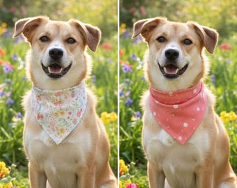 Reversible Dog Bandana in White & Coral Floral - tie-on bandana, matching scrunchie, dog mom, mommy and me, floral bandana, easter bandana