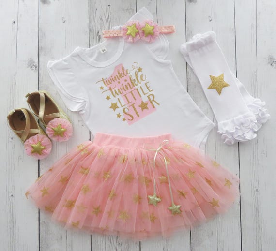 Twinkle Twinkle Little Star First Birthday Outfit with Pink and Gold tutu and Star Shoes