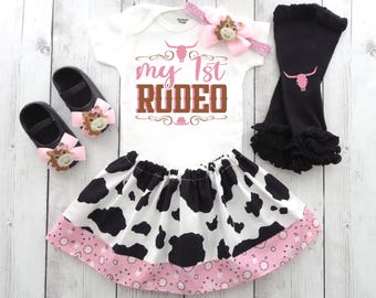 My First Rodeo Outfit in Cow print and Light Pink - first birthday outfit girl, how the west was one, pink western theme girl, cowgirl