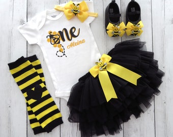 Bumble Bee First Birthday Outfit for girl with yellow and black tutu bloomers - first bee-day birthday outfit, bee shoes, 1st bday outfit