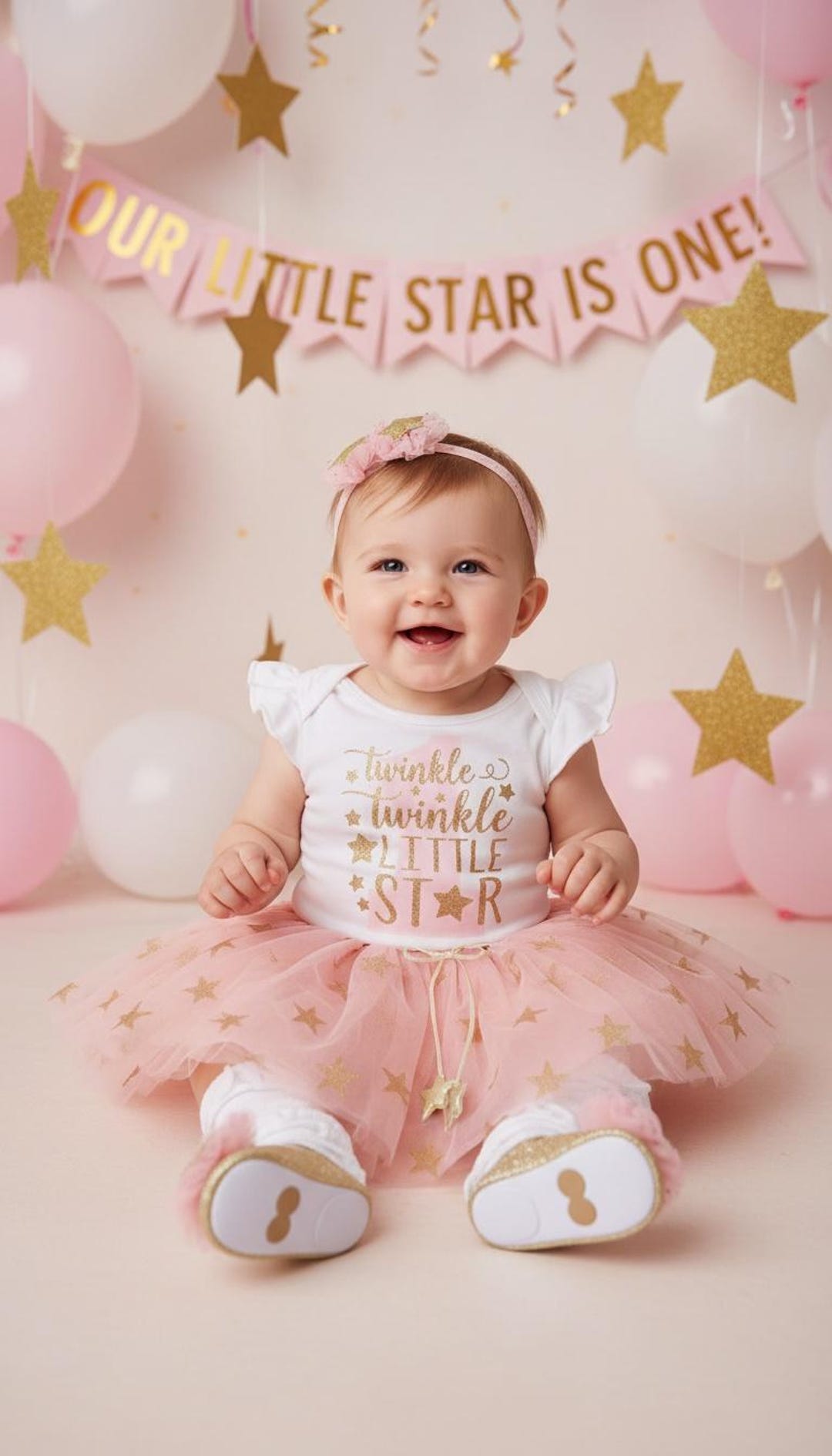 Twinkle Twinkle Little Star First Birthday Outfit With Pink and Gold Tutu and Star Shoes - 1st Bday Outfit Girl, Pink Gold Birthday Outfit