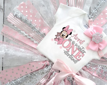 Minnie Mouse First Birthday Outfit with Snowflake Tutu in pink and silver - Miss Onederful, winter ONEderland, minnie mouse winter pink