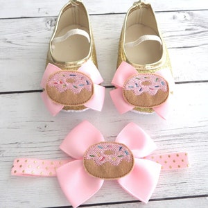 Sweet One Donut First Birthday Shoes & Headband Set for Girl in pink and gold-donut grow up, doughnut 1st bday girl, sweet one birthday girl