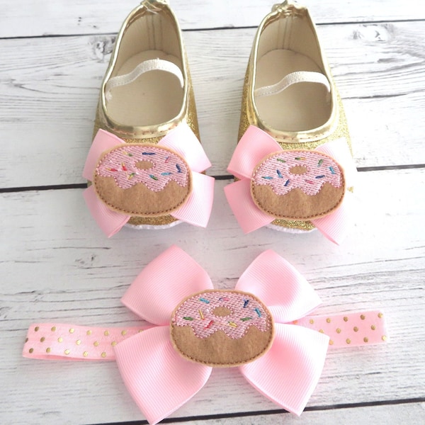 Sweet One Donut First Birthday Shoes & Headband Set for Girl in pink and gold-donut grow up, donut 1st bday girl, sweet one birthday girl