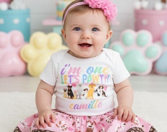 Paw-ty First Birthday Outfit for Girl - paw print, puppy dog outfit, dog 1st birthday, pink dog skirt,
