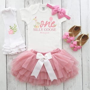 One Silly Goose First Birthday Dress with Tutu - vintage floral goose, first birthday outfit girl, one year old baby birthday tutu
