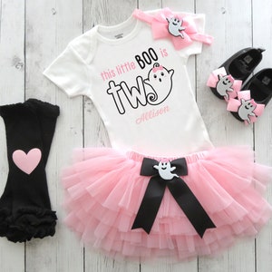 Ghost 2nd Birthday Outfit in pink and black - our little boo is two, two spooky, halloween 2nd birthday, pink ghost, pastel halloween girl