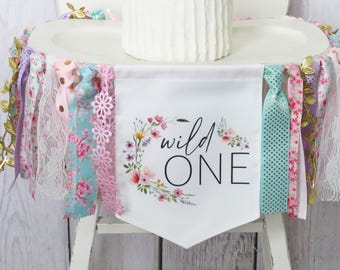 Wildflower Wild One Birthday Banner for First Birthday Party - high chair banner, floral 1st birthday girl, wild one banner