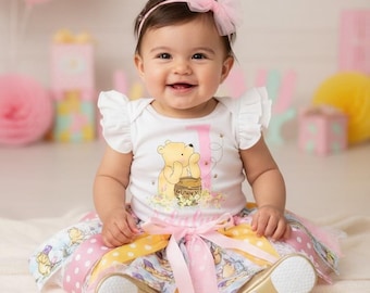 Classic Winnie Pooh First Birthday Outfit with Ribbon Tutu - pooh and friends pink, girl first birthday tutu, winnie pooh 1st birthday girl