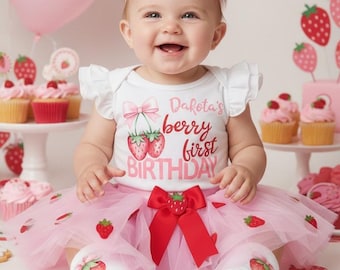 Vestido de primer cumpleaños con tutú de bayas: atuendo de primer cumpleaños de fresa, dulce, temática de verano, personalizado, tutú de cumpleaños de un año