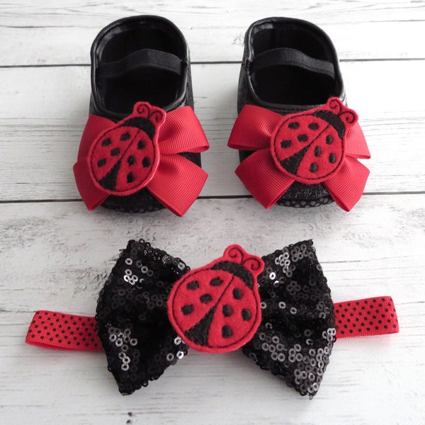 Ladybug First Birthday Shoes & Headband for Girl -  black glitter shoes, 1st bday shoes red black, lady bug birthday, ladybug 1st birthday