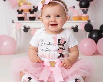 Soy este atuendo de primer cumpleaños de Minnie en rosa y dorado con tutú y zapatos a juego: vestido de primer cumpleaños, atuendo de primer cumpleaños para niña, Minnie Mouse