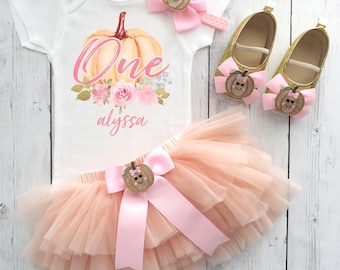 Pumpkin First Birthday Outfit in Light Orange, Pink and Gold with tutu bloomers - our little pumpkin is one, pumpkin floral, pumpkin tutu