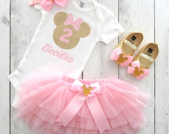 Traje de segundo cumpleaños de Minnie Mouse en rosa y dorado con tutú y zapatos a juego: vestido de dos años, traje de segundo cumpleaños para niña, tutú rosa