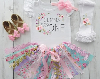 Wildflower One First Birthday Outfit with Fabric Tutu - shabby chic skirt, boho birthday, garden party, first birthday outfit personalized