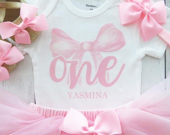 Pink Bow 1st Birthday Dress with Tutu - pink coquette bow, first birthday outfit girl, one year old baby birthday tutu, girls wanna be one