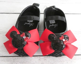 SALDI - Scarpe Minnie Mouse rosse e nere - scarpe per il primo compleanno, primi passi, mocassini, scarpe nere glitterate, scarpe rosse per la culla di Minnie Mouse